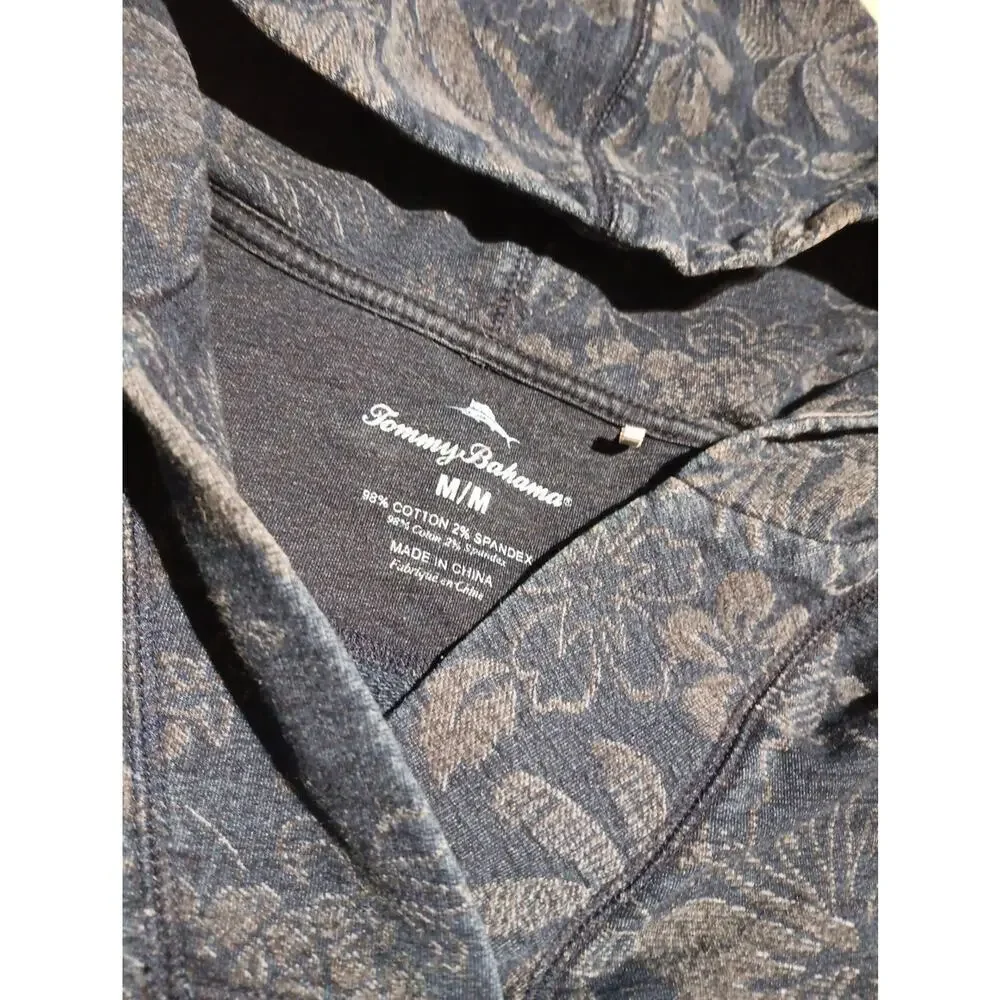 Tommy Bahama Women Medium Sweater All Over Print Floral Hooded V-Neck Navy Blue